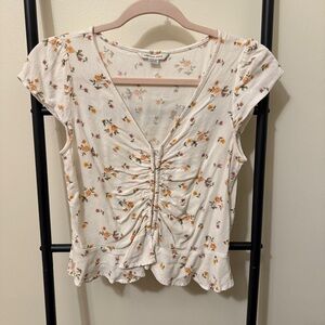 American Eagle Outfitters Floral Ruched White Top